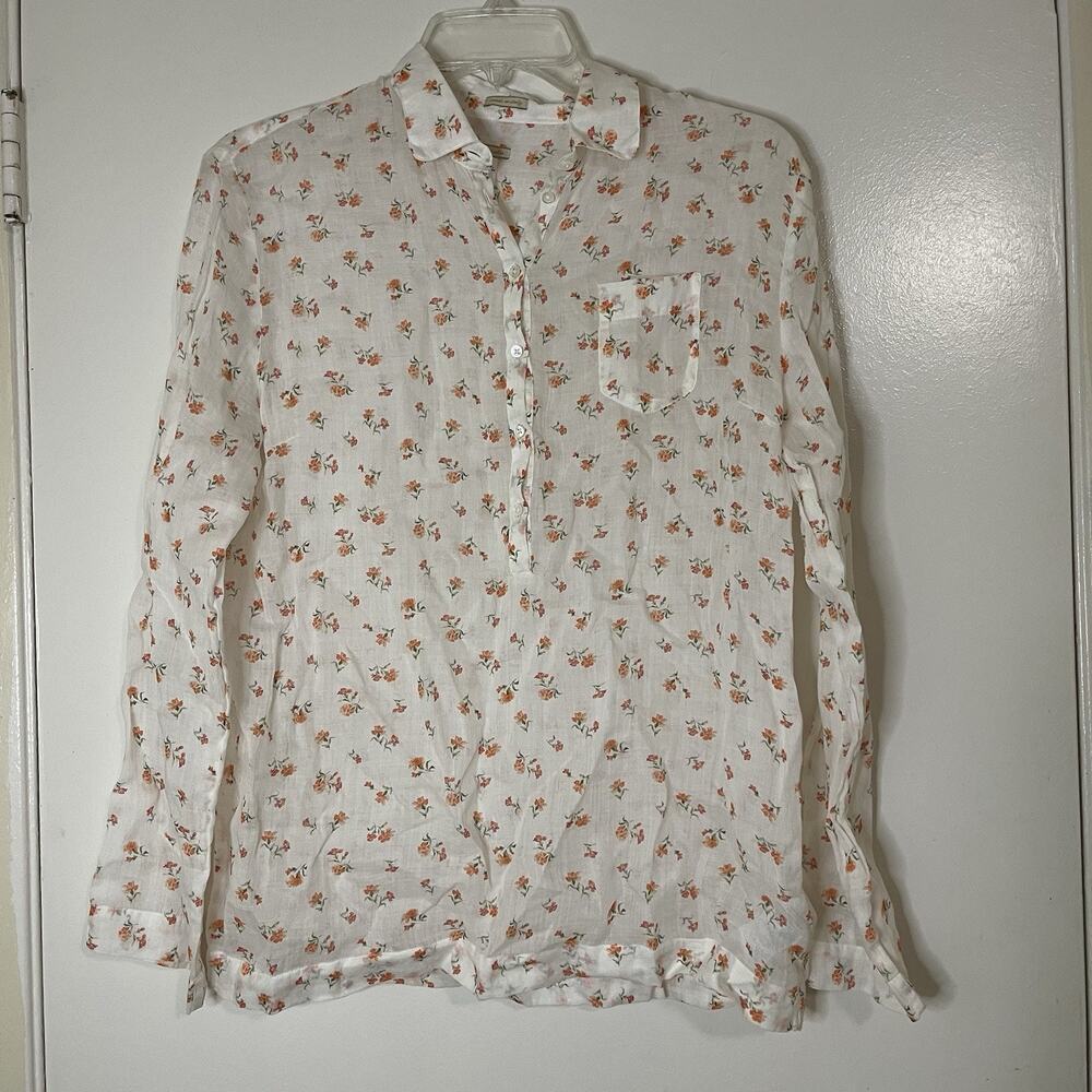 Massimo Alba ivory white floral ramie button down long sleeve blouse medium